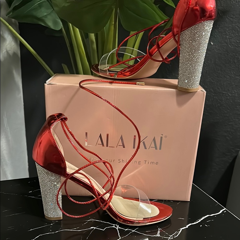 Red Strappy Heels with Glitter Block Heel